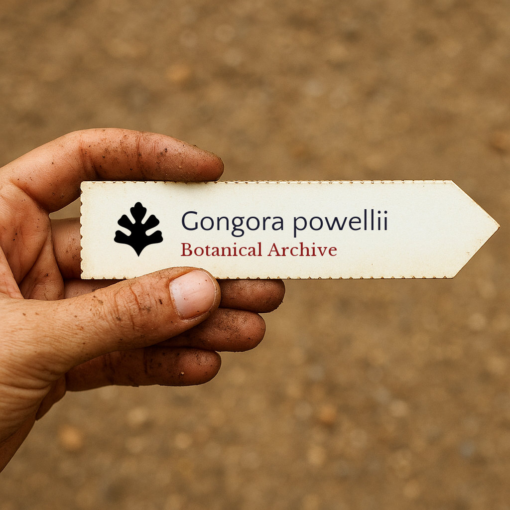 Printed plant label for Gongora powellii held by dirty hand outdoors