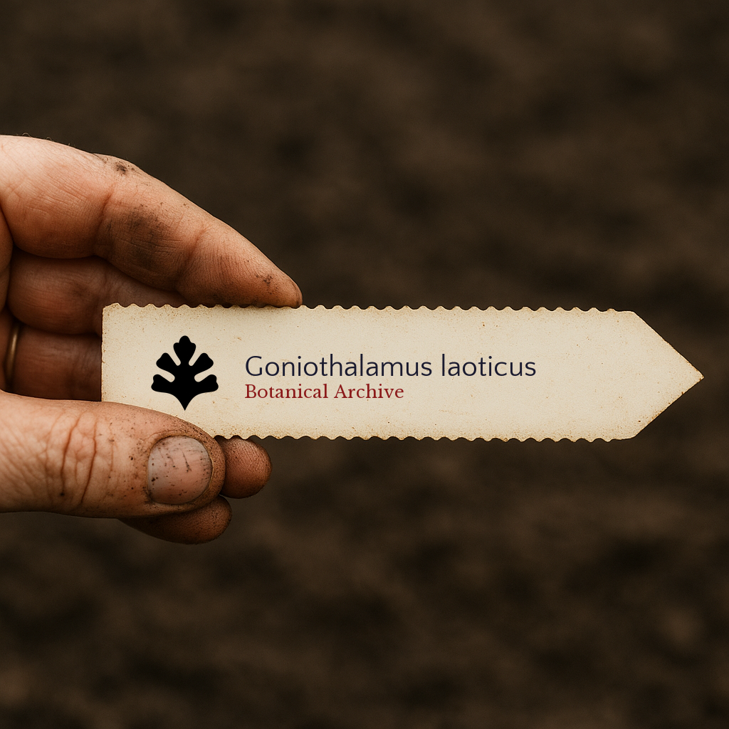 Printed plant label for Goniothalamus laoticus held over soil background