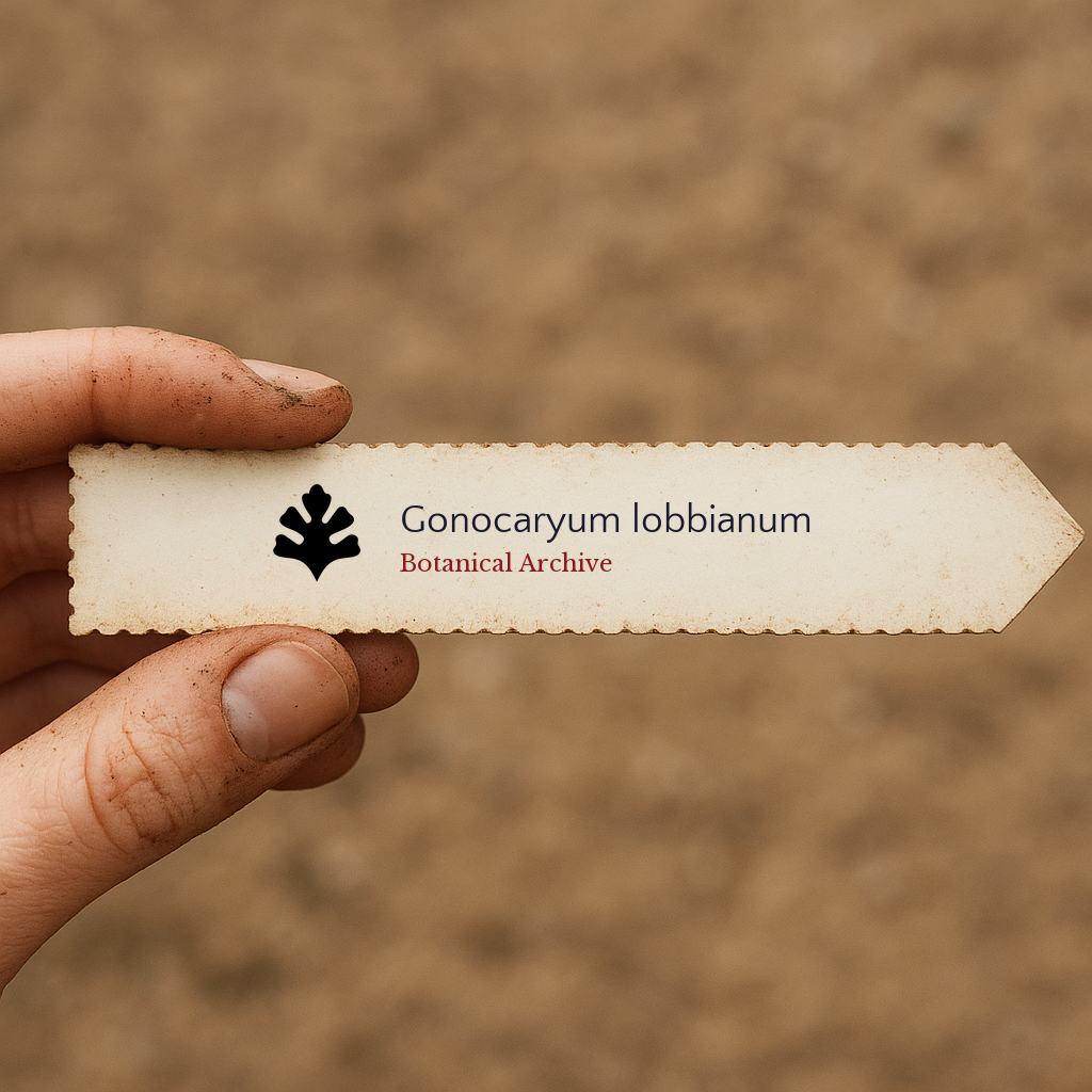 Printed plant label for Gonocaryum lobbianum held by hand with soil background