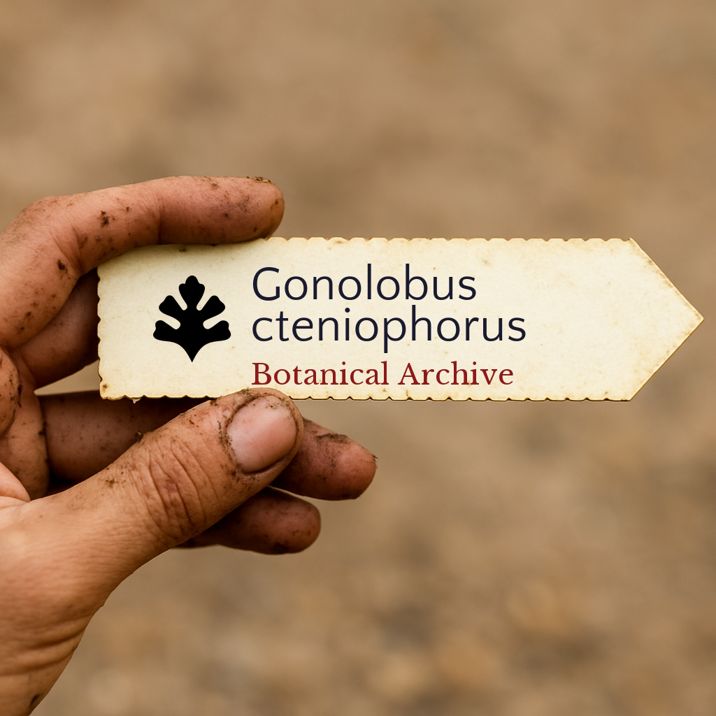 Printed plant label for Gonolobus cteniophorus held by dirty hand with blurred background