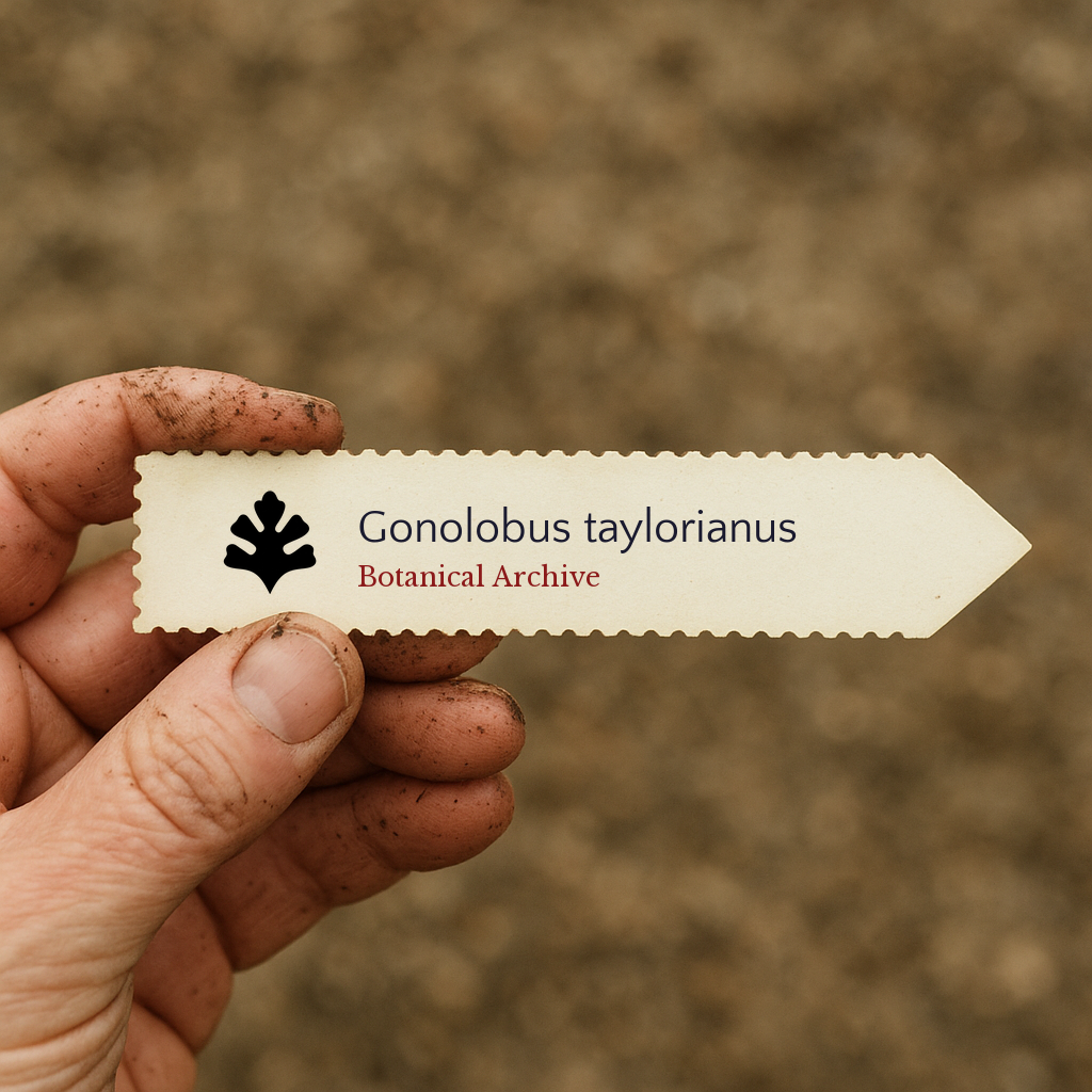 Printed plant label for Gonolobus taylorianus held by dirty hand against soil background