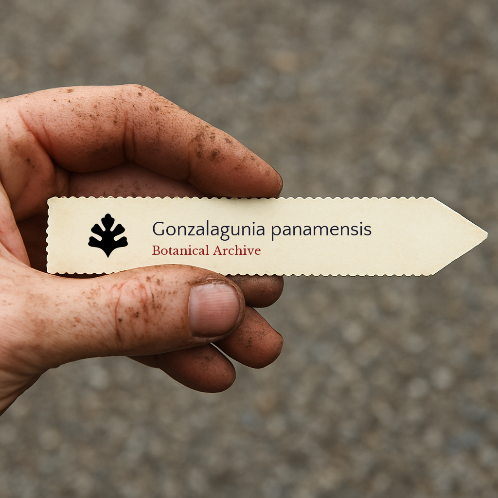 Printed plant label for Gonzalagunia panamensis held by dirty hand outdoors