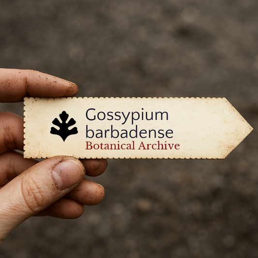 Etichetta stampata per pianta di Gossypium barbadense con logo Botanical Archive tenuta a mano