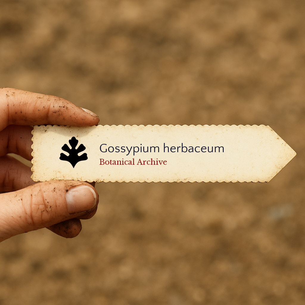Etichetta stampata per pianta di Gossypium herbaceum tenuta da mano sporca con sfondo di terreno