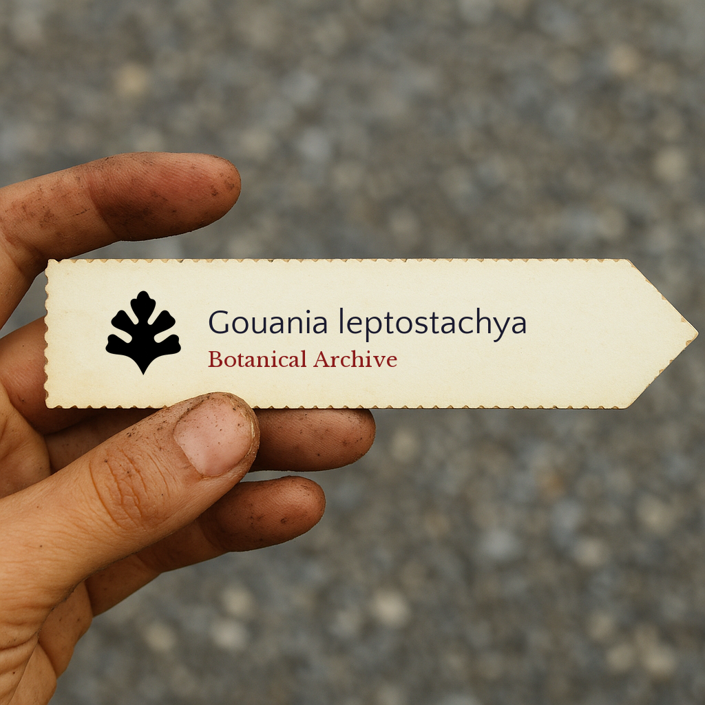 Printed plant label for Gouania leptostachya held by dirty hand on gravel background