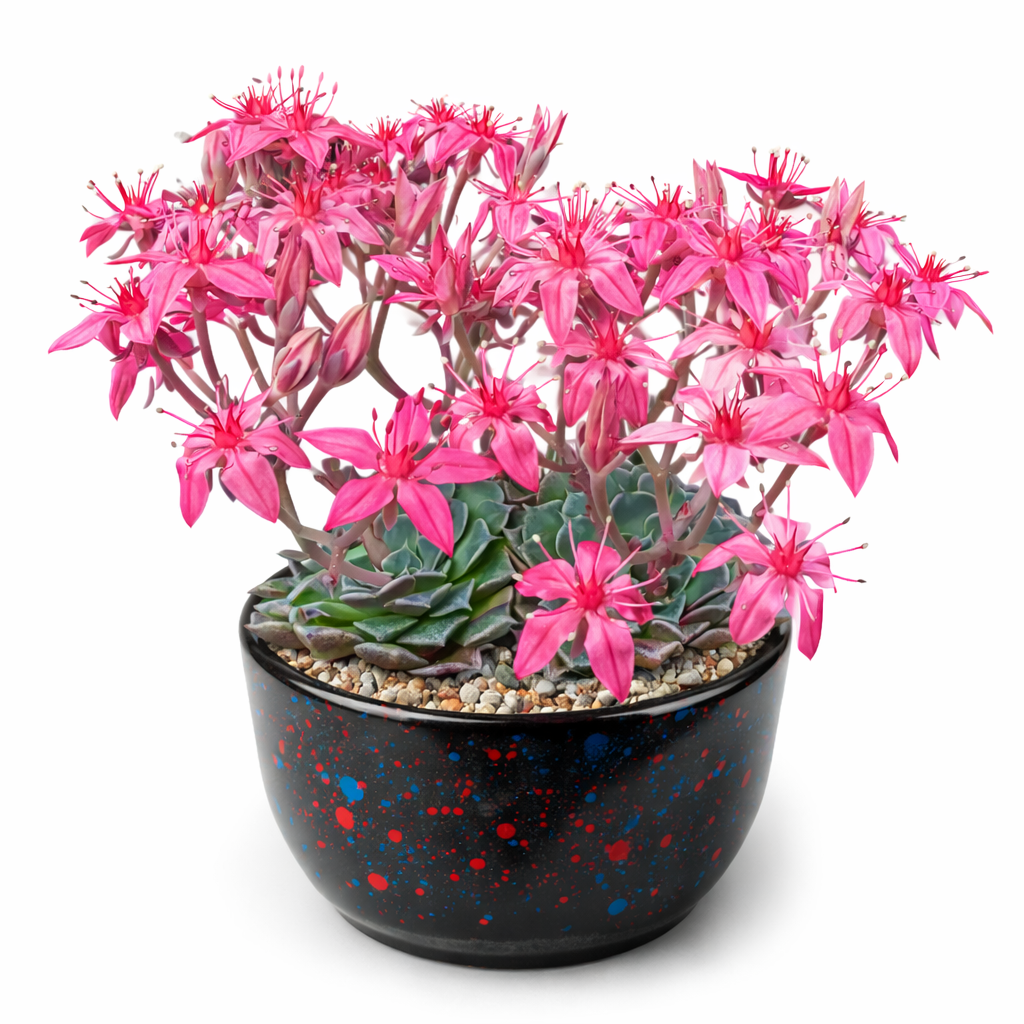 Succulenta Graptopetalum bellum con vivaci fiori rosa a forma di stella in vaso decorativo