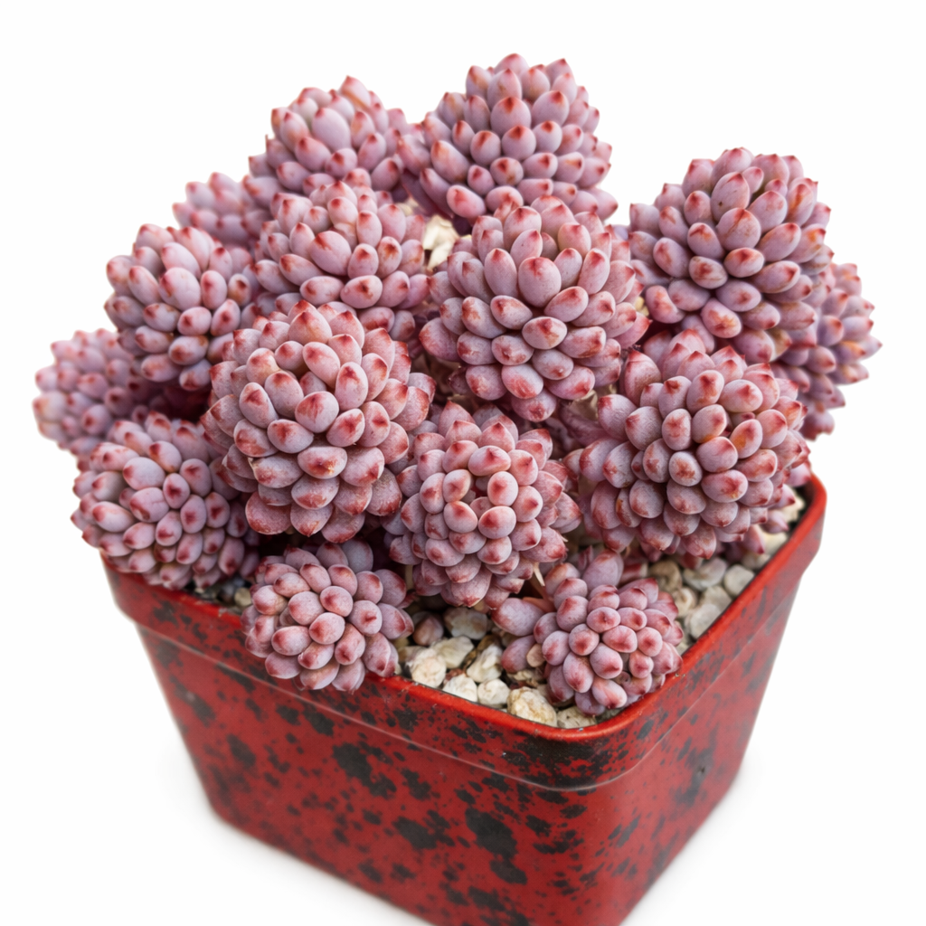 Graptopetalum pachyphyllum succulenta con foglie carnose raggruppate di colore rosa-porpora in vaso rosso