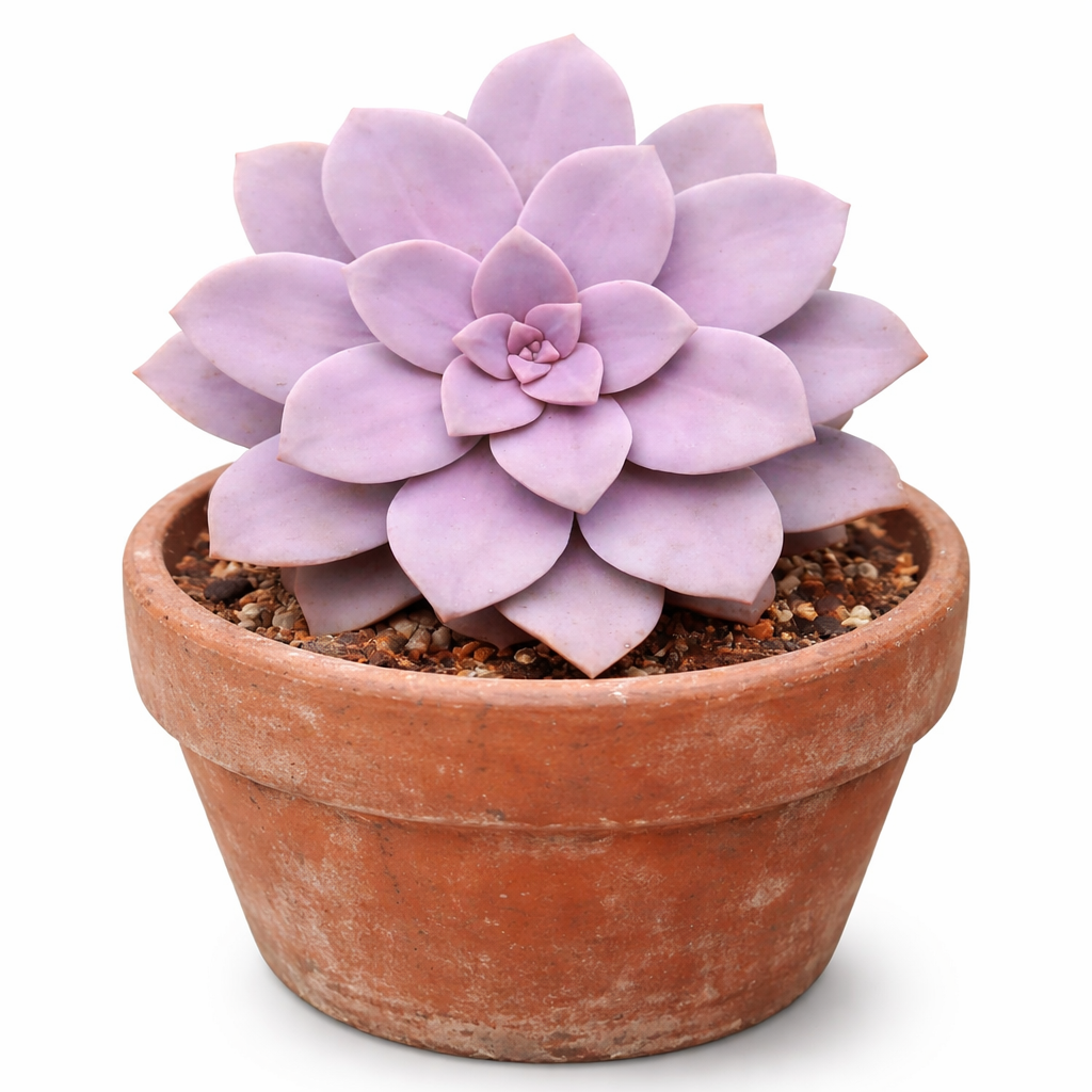 Graptopetalum pentandrum var. superbum rara succulenta viola a rosetta in vaso di terracotta
