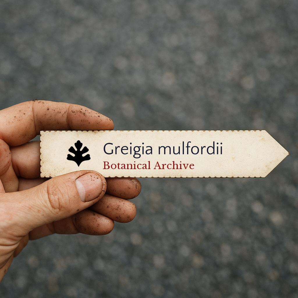 Printed plant label for Greigia mulfordii held by dirty hand on blurred background