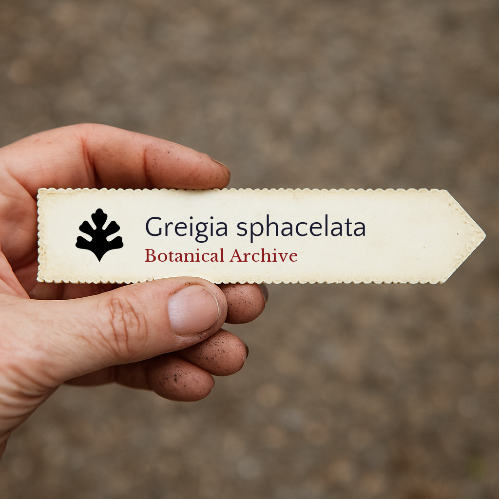 Etichetta stampata per pianta di Greigia sphacelata tenuta a mano con sfondo di terra