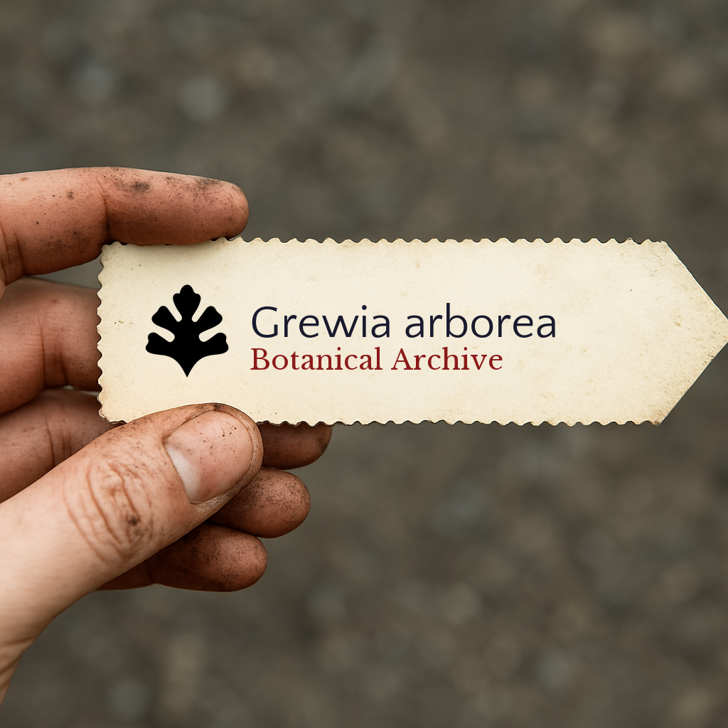 Etichetta stampata per pianta di Grewia arborea con logo Botanical Archive tenuta da mano sporca