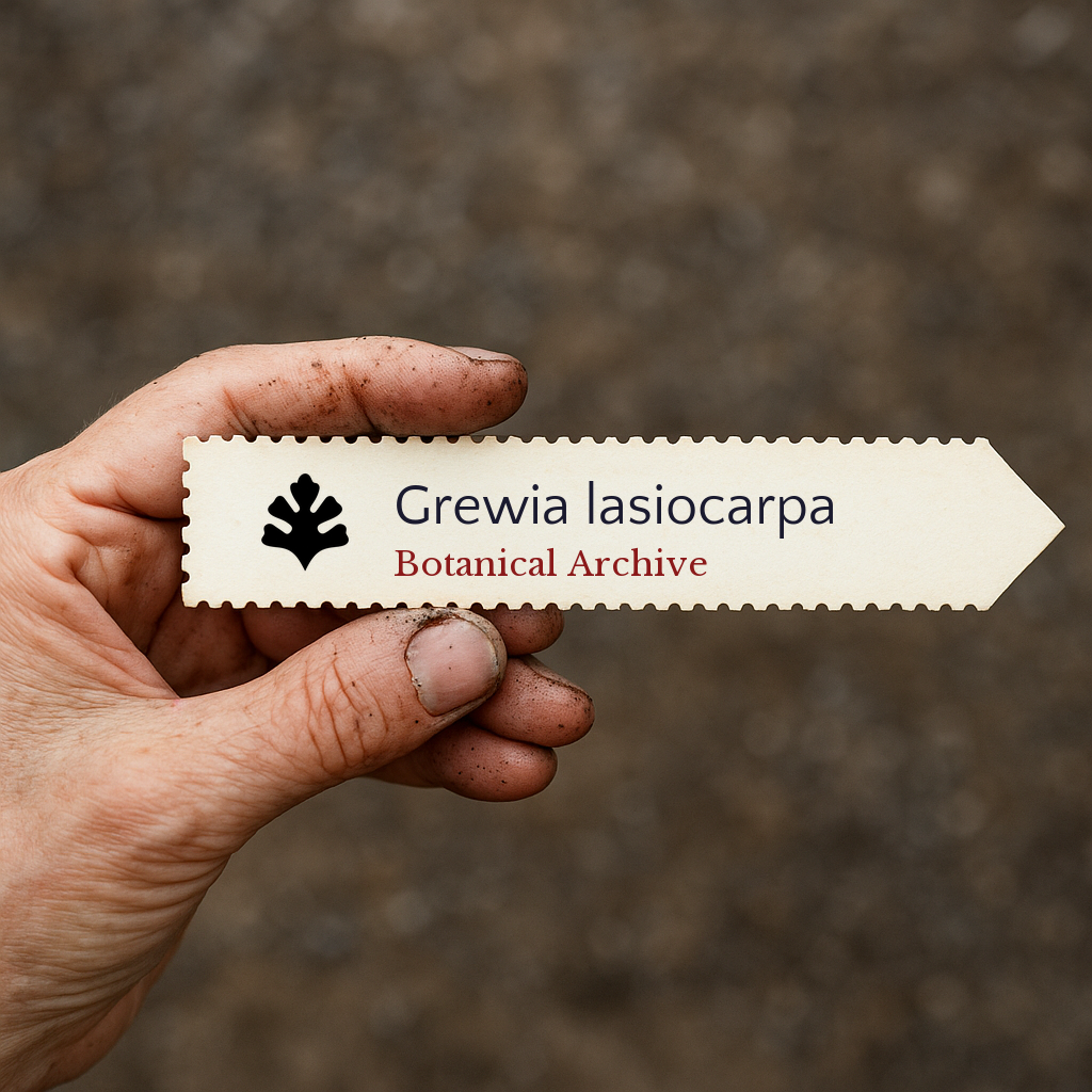 Printed plant label for Grewia lasiocarpa held by dirty hand outdoors