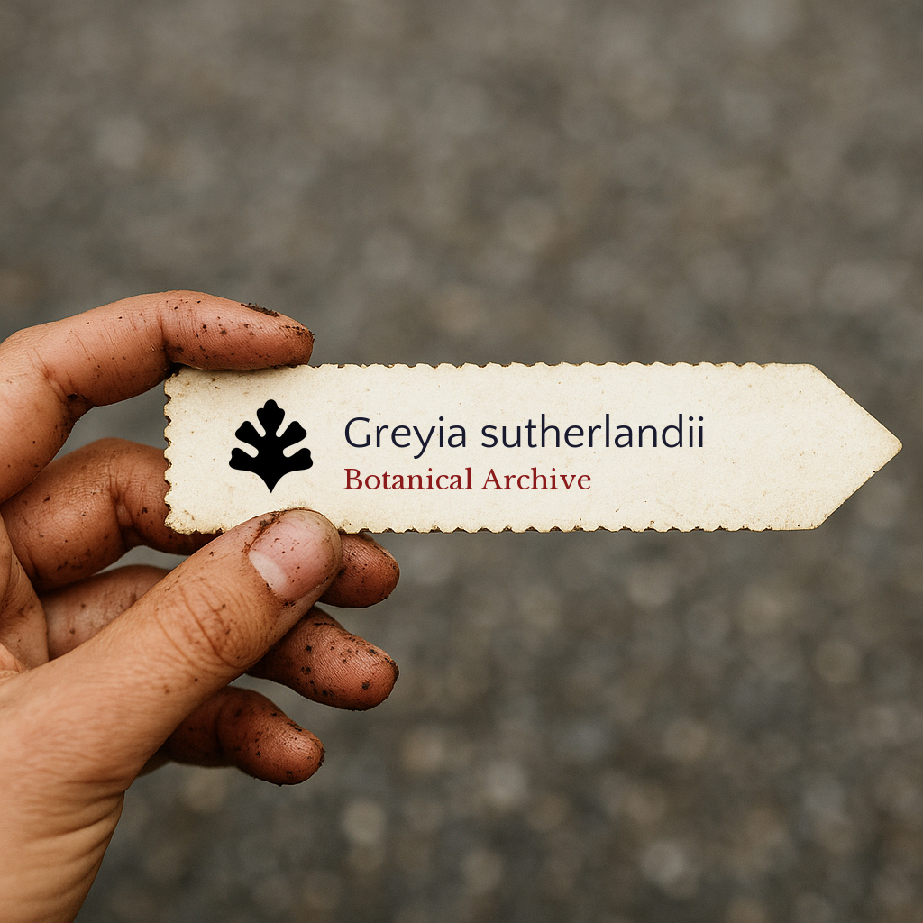 Printed plant label for Greyia sutherlandii held by a dirt-covered hand