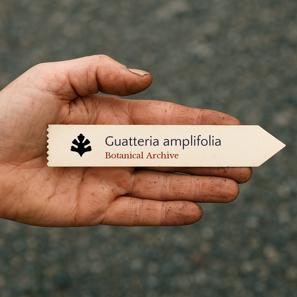 Etichetta stampata per la pianta Guatteria amplifolia tenuta in mano sporca all'aperto