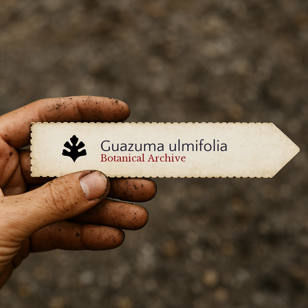 Printed plant label for Guazuma ulmifolia held by dirty hand with soil background