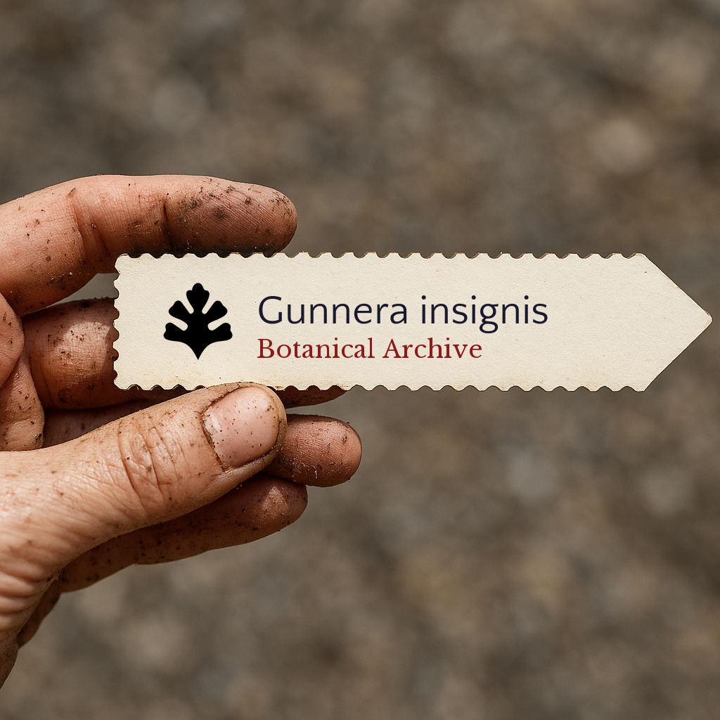 Printed plant label for Gunnera insignis held by dirty hand outdoors