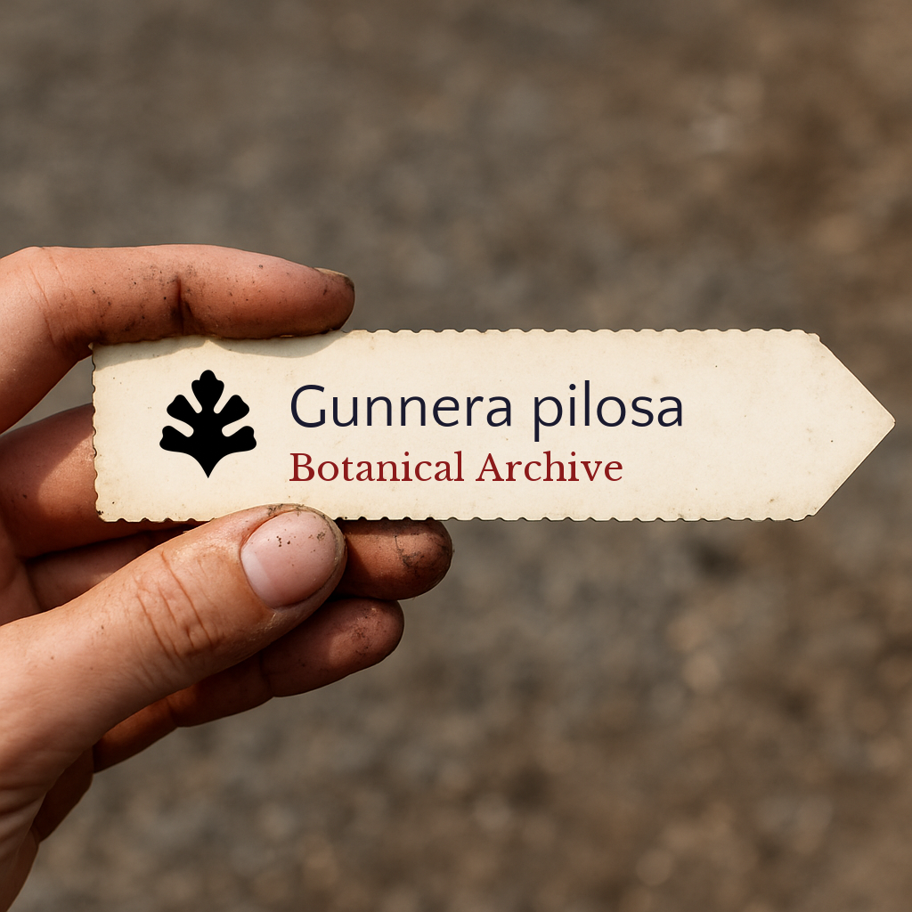 Printed plant label for Gunnera pilosa held by hand with dirt on fingers