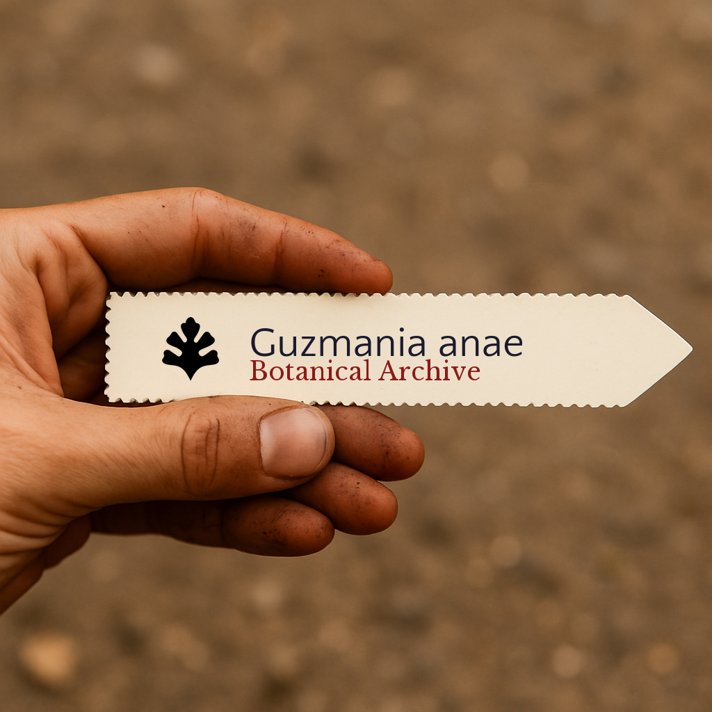 Printed plant label for Guzmania anae held by hand with soil background