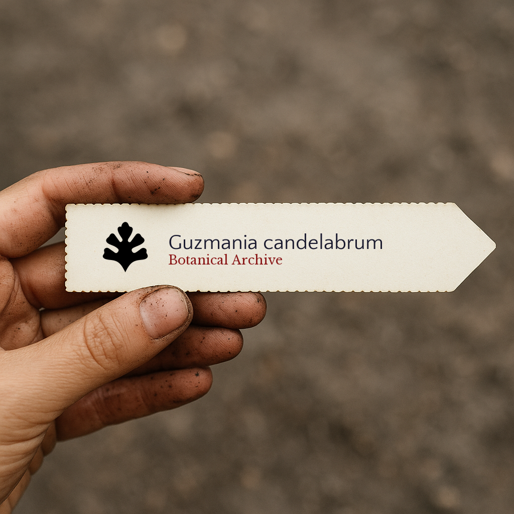 Etichetta stampata per pianta di Guzmania candelabrum tenuta a mano con sfondo di terra