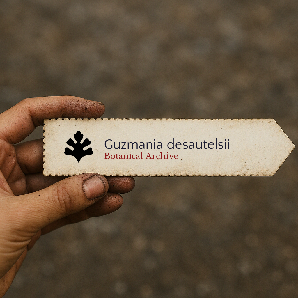 Etichetta d'archivio botanico vintage per Guzmania desautelsii tenuta a mano
