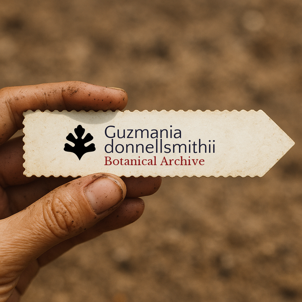 Etichetta stampata per pianta Guzmania donnellsmithii tenuta a mano con sfondo di terriccio