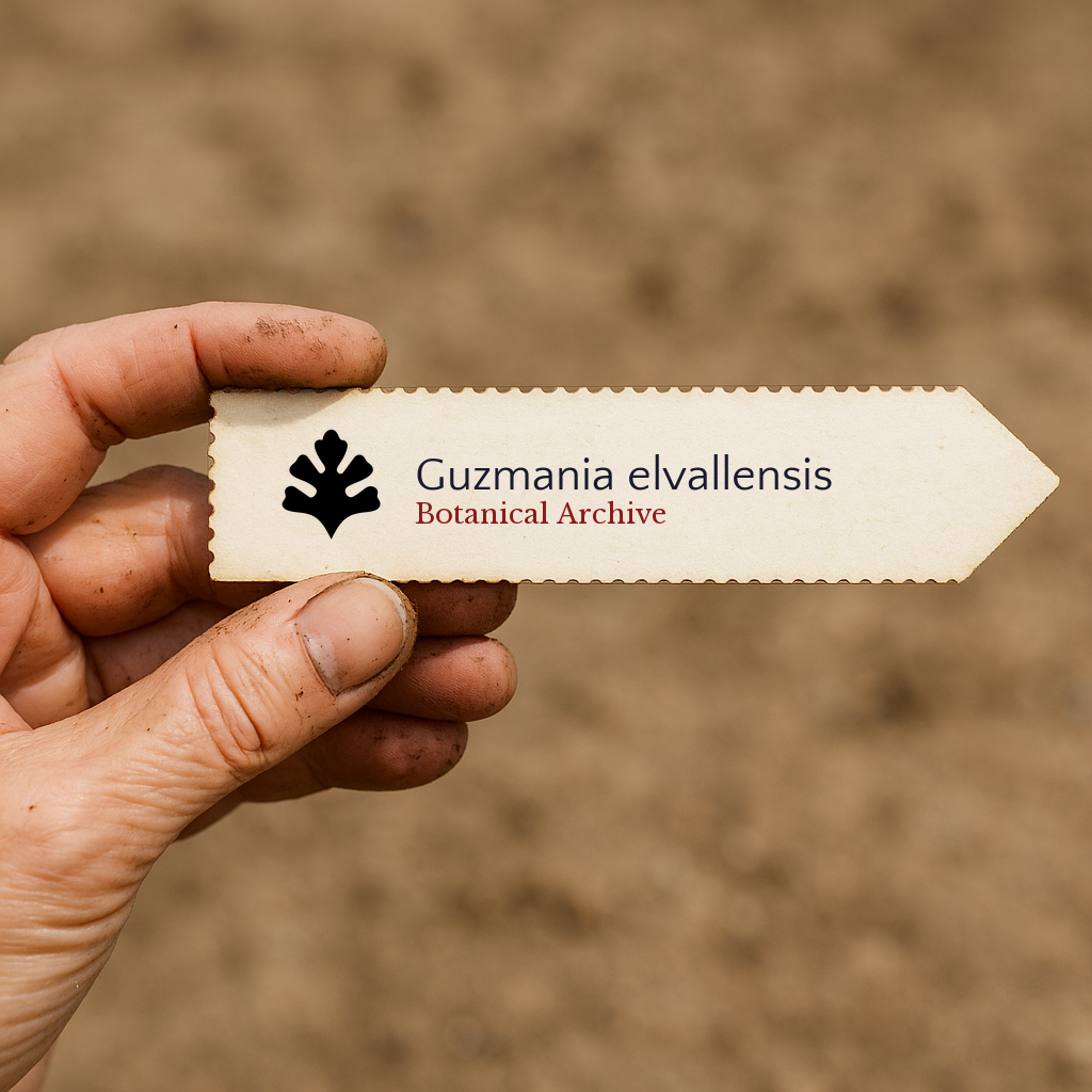 Printed plant label for Guzmania elvallensis held by hand with soil background