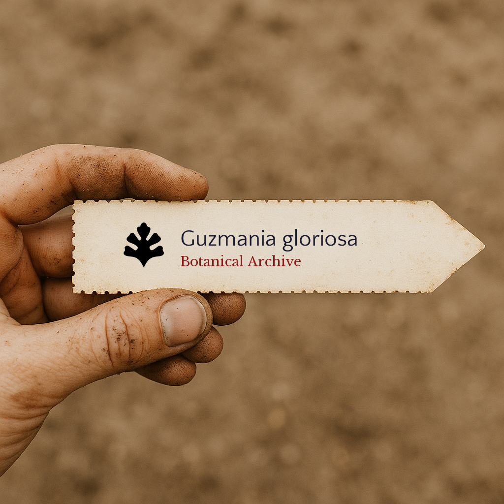 Printed plant label for Guzmania gloriosa held by dirty hand against soil background