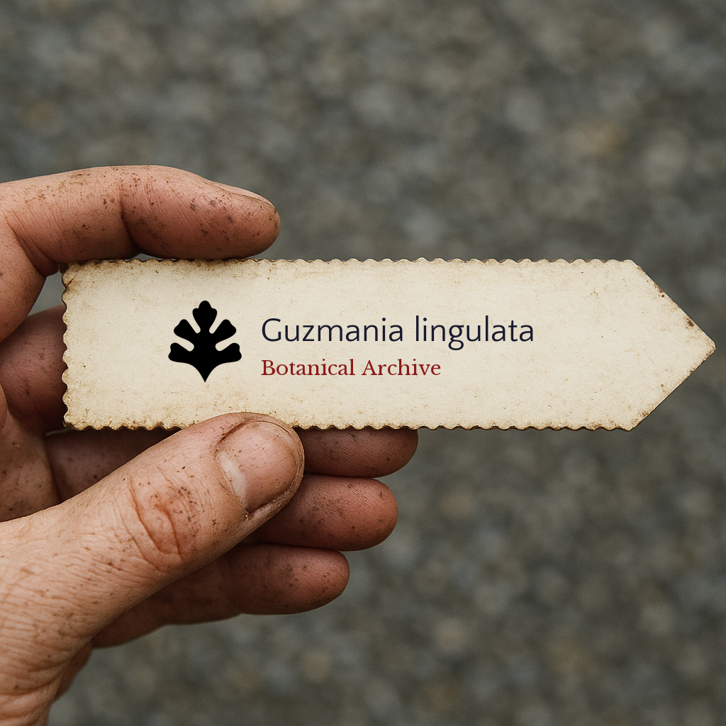 Printed plant label for Guzmania lingulata with botanical archive logo held by dirty hand