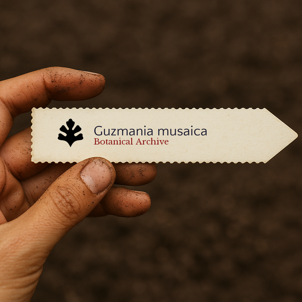 Printed plant label for Guzmania musaica held by hand with soil background
