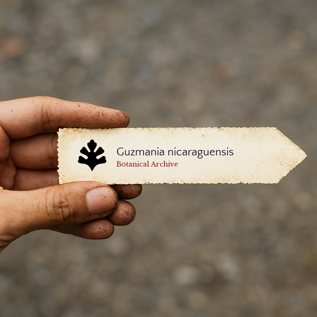 Printed plant label for Guzmania nicaraguensis held by hand with soil on fingers