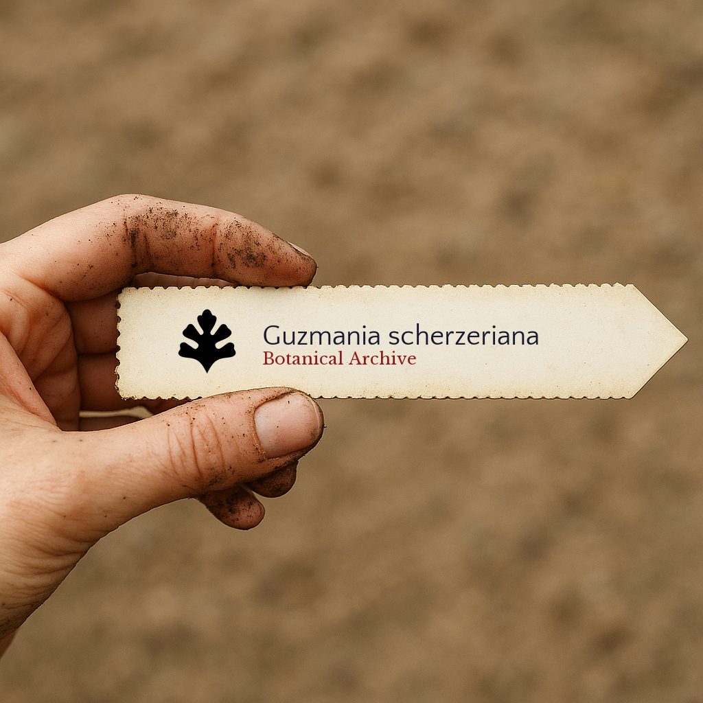 Printed plant label for Guzmania scherzeriana held by dirty hand outdoors