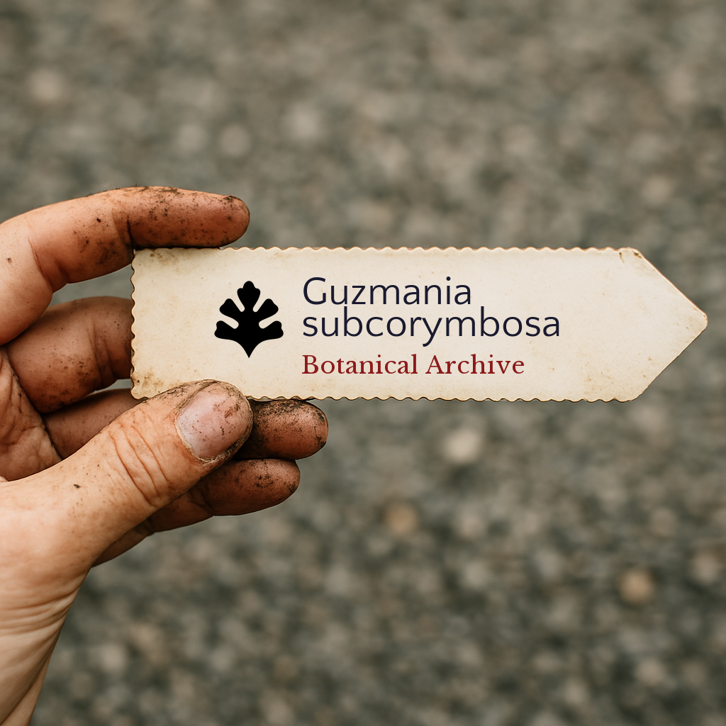 Printed plant label for Guzmania subcorymbosa held by dirty hand outdoors