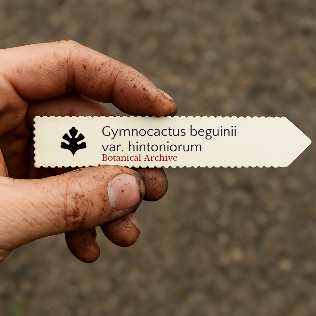 Printed plant label for Gymnocactus beguinii var. hintoniorum held by dirty hand outdoors
