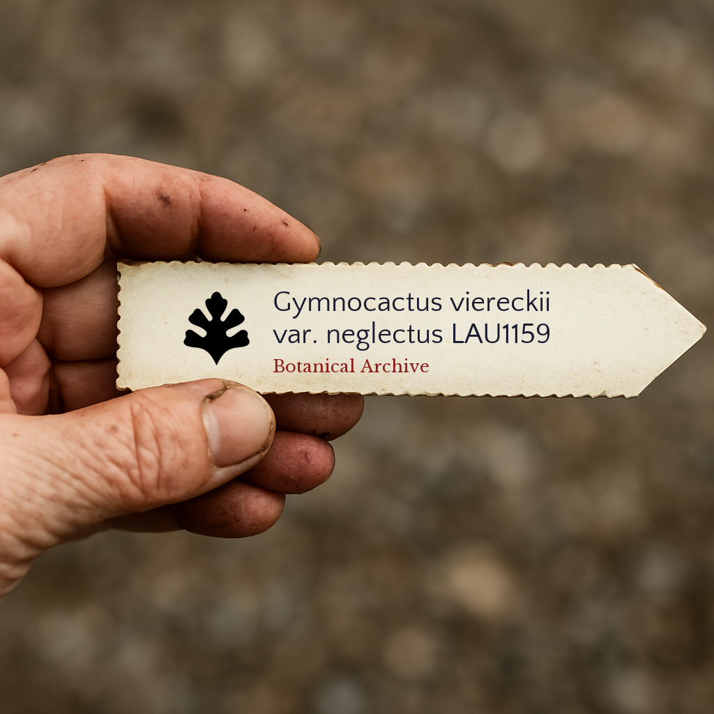 Printed plant label for Gymnocactus viereckii var. neglectus held by hand outdoors