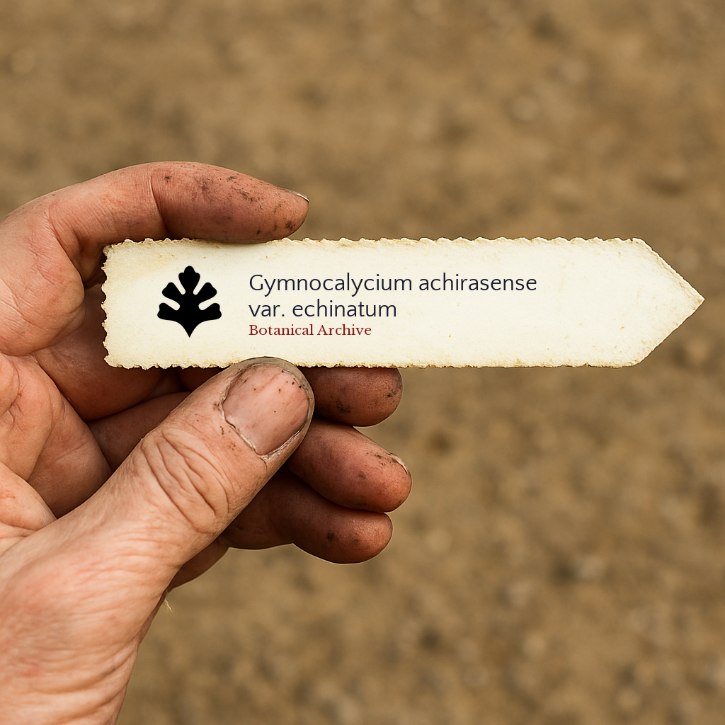 Printed plant label for Gymnocalycium achirasense var. echinatum held by dirty hand outdoors