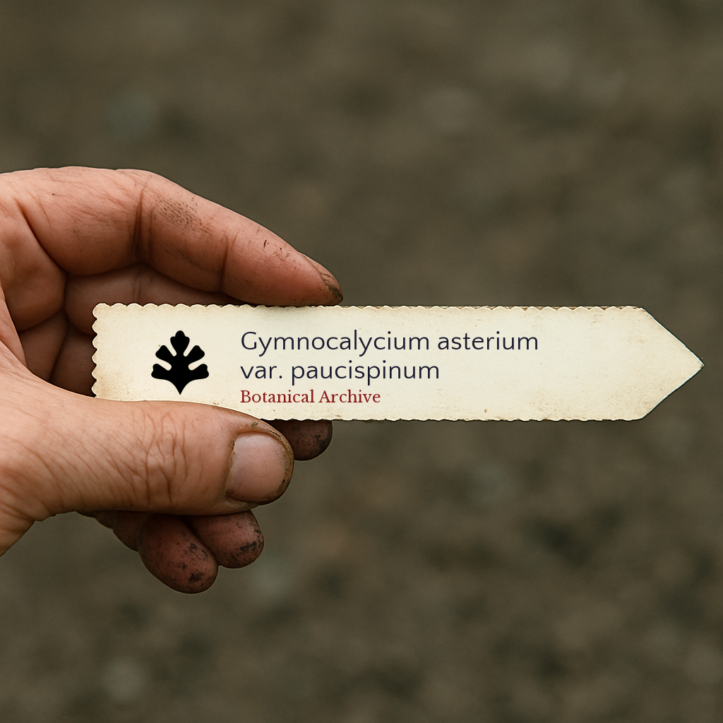 Etichetta stampata per pianta di Gymnocalycium asterium var. paucispinum tenuta a mano