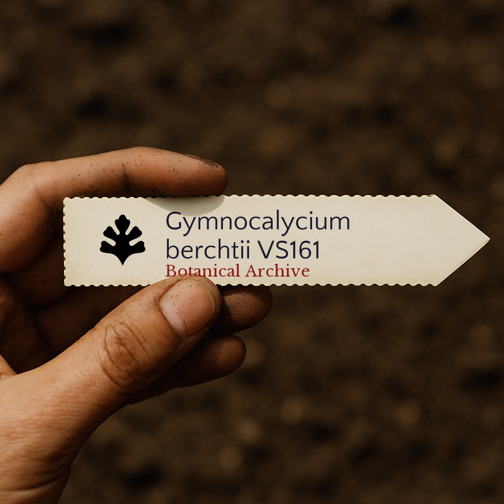 Printed plant label for Gymnocalycium berchtii held by hand with soil background