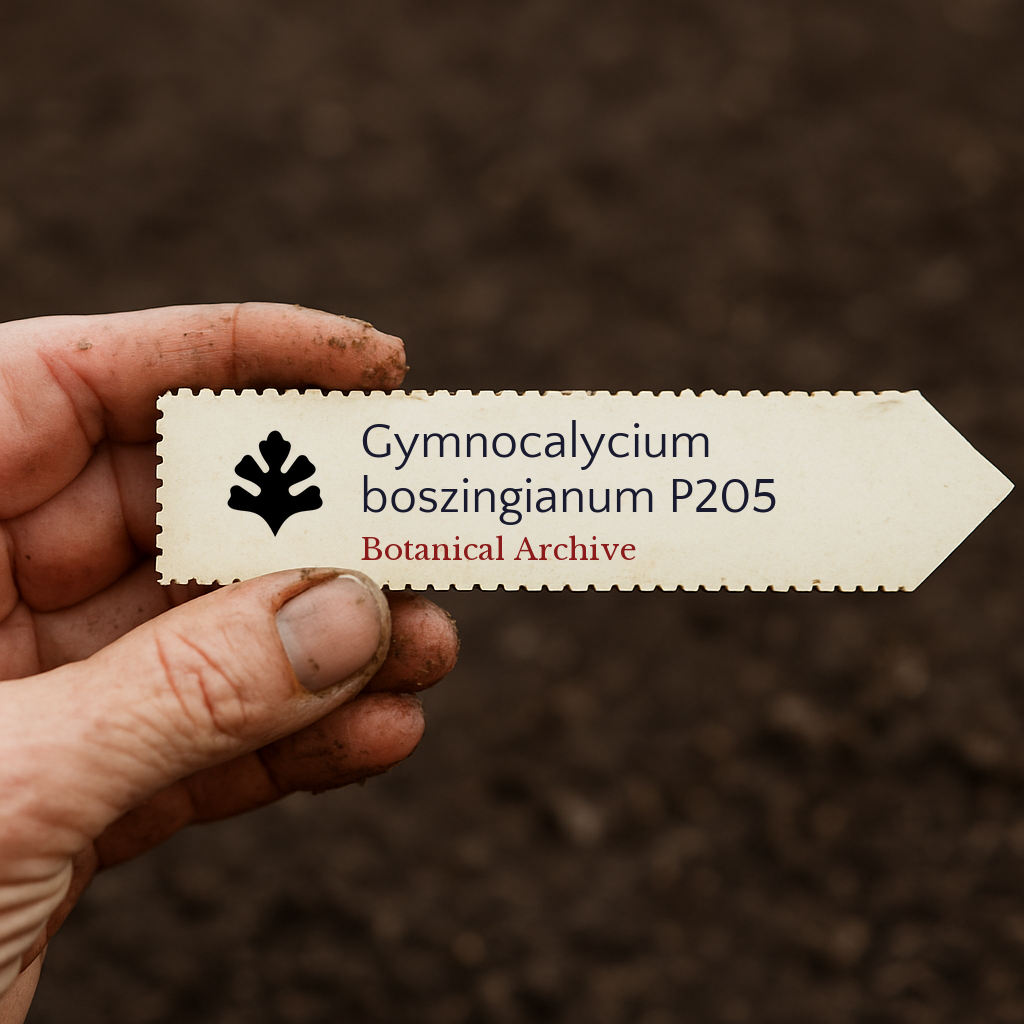 Printed plant label for Gymnocalycium boszingianum P205 held over soil background