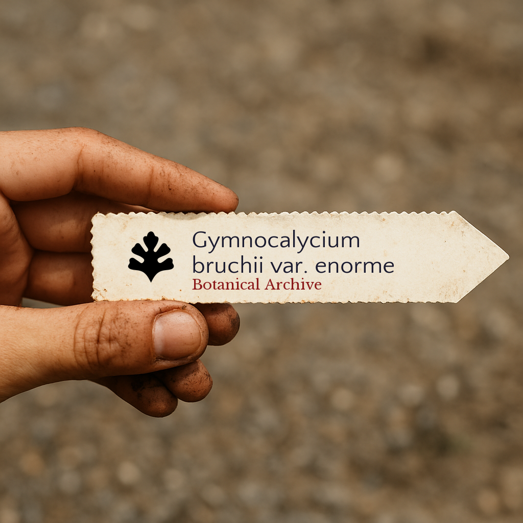Handheld vintage plant label for Gymnocalycium bruchii var. enorme with botanical archive text