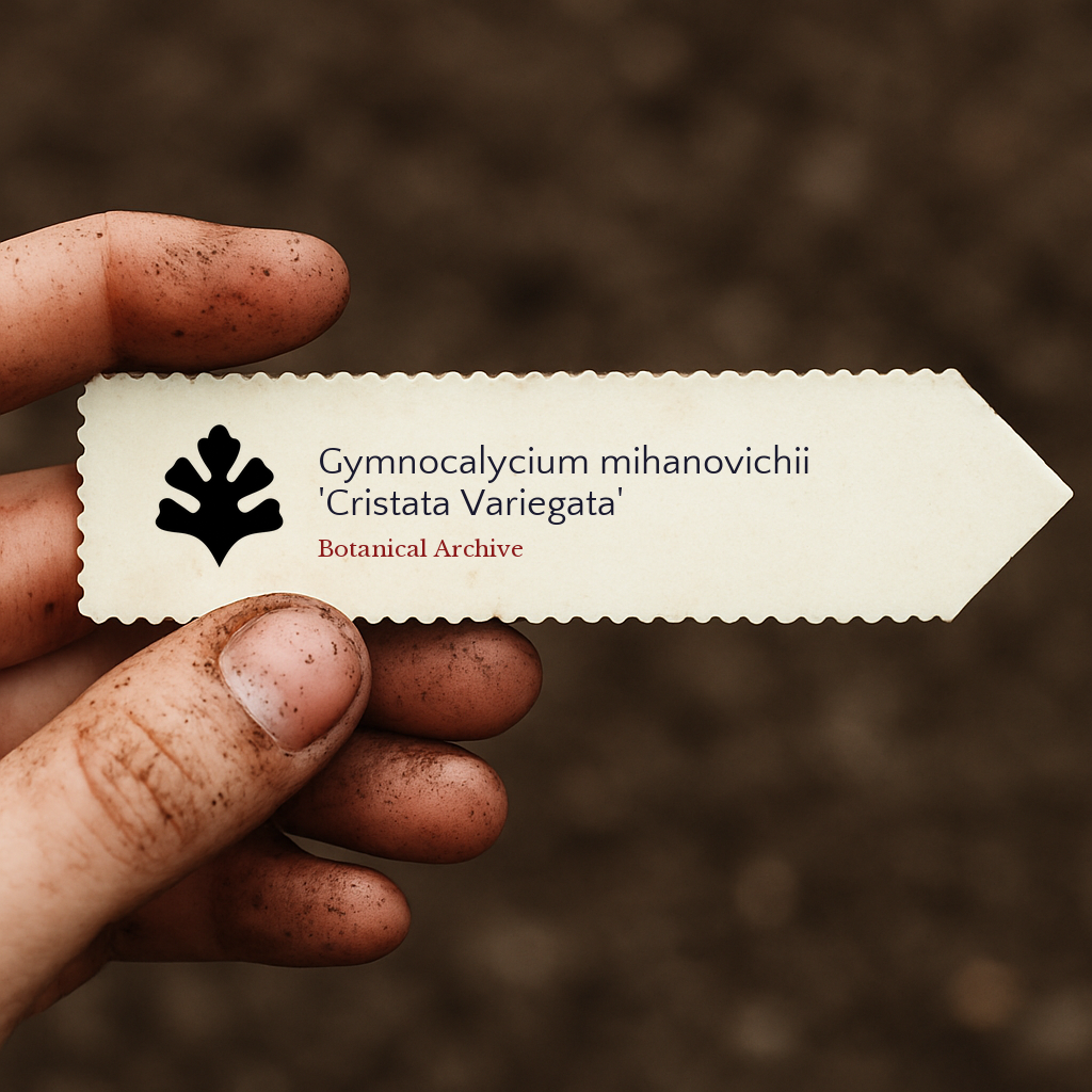 Printed plant label for Gymnocalycium mihanovichii 'Cristata Variegata' held by dirty hand