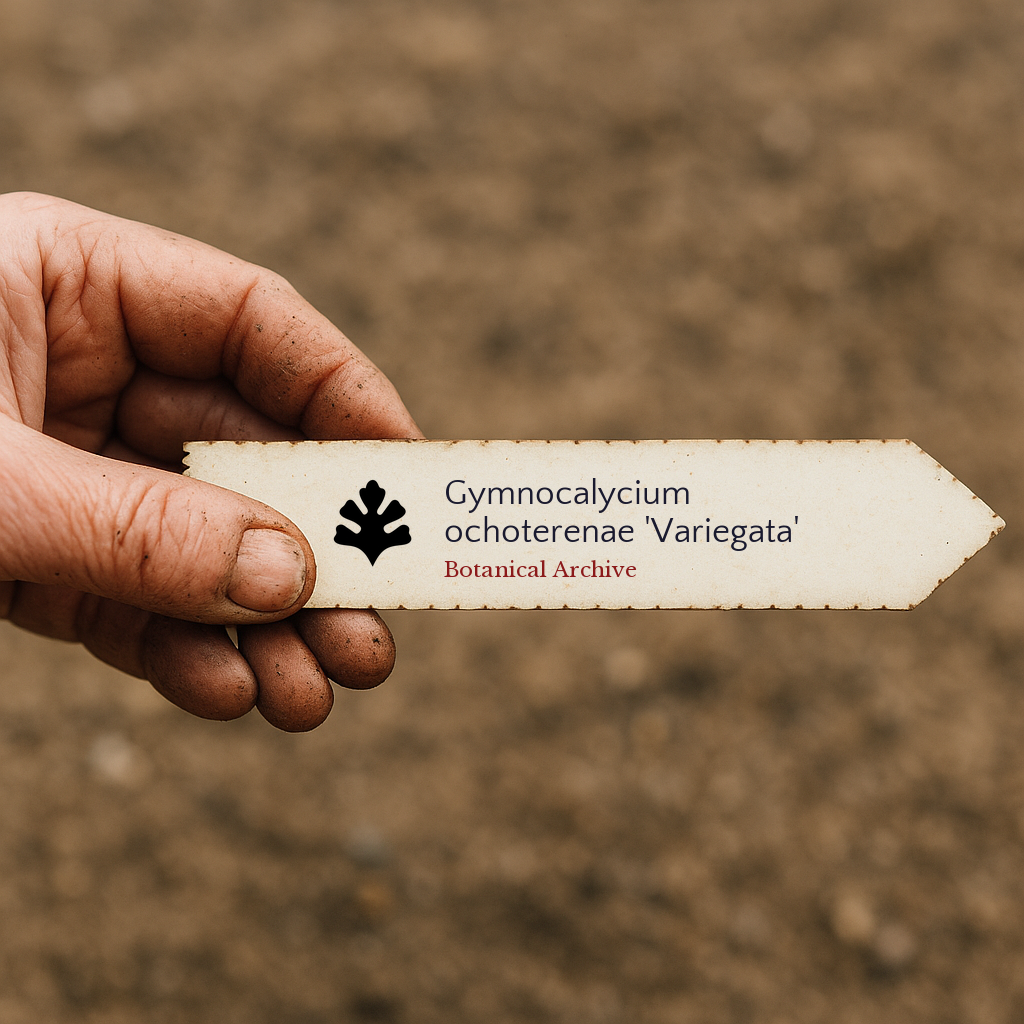 Printed plant label for Gymnocalycium ochoterenae 'Variegata' held in hand with soil background