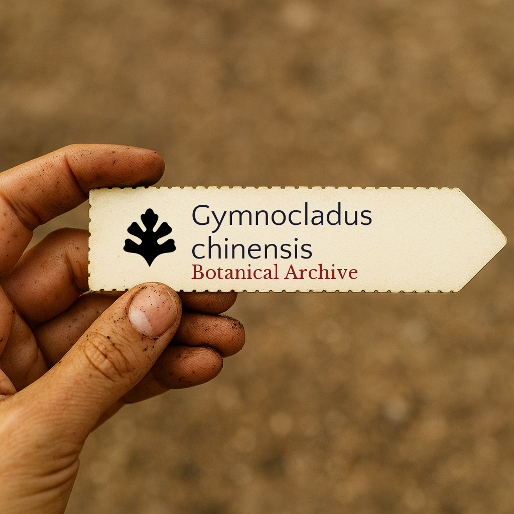 Printed plant label for Gymnocladus chinensis with botanical archive logo held by hand