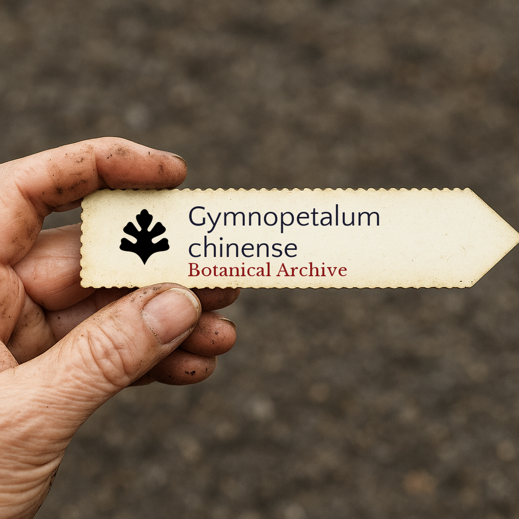Etichetta per pianta stampata per Gymnopetalum chinense Botanical Archive tenuta a mano con sfondo di terreno