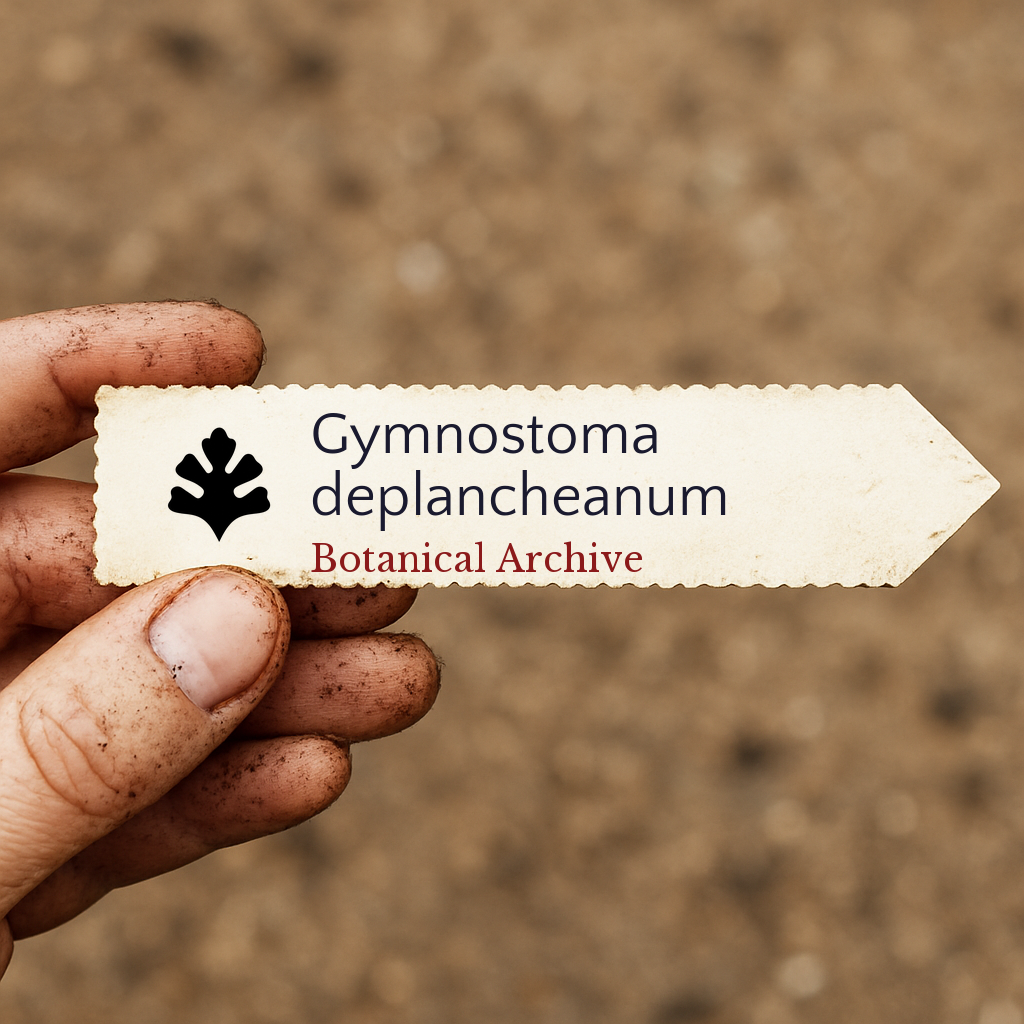 Printed plant label for Gymnostoma deplancheanum held by dirty hand outdoors
