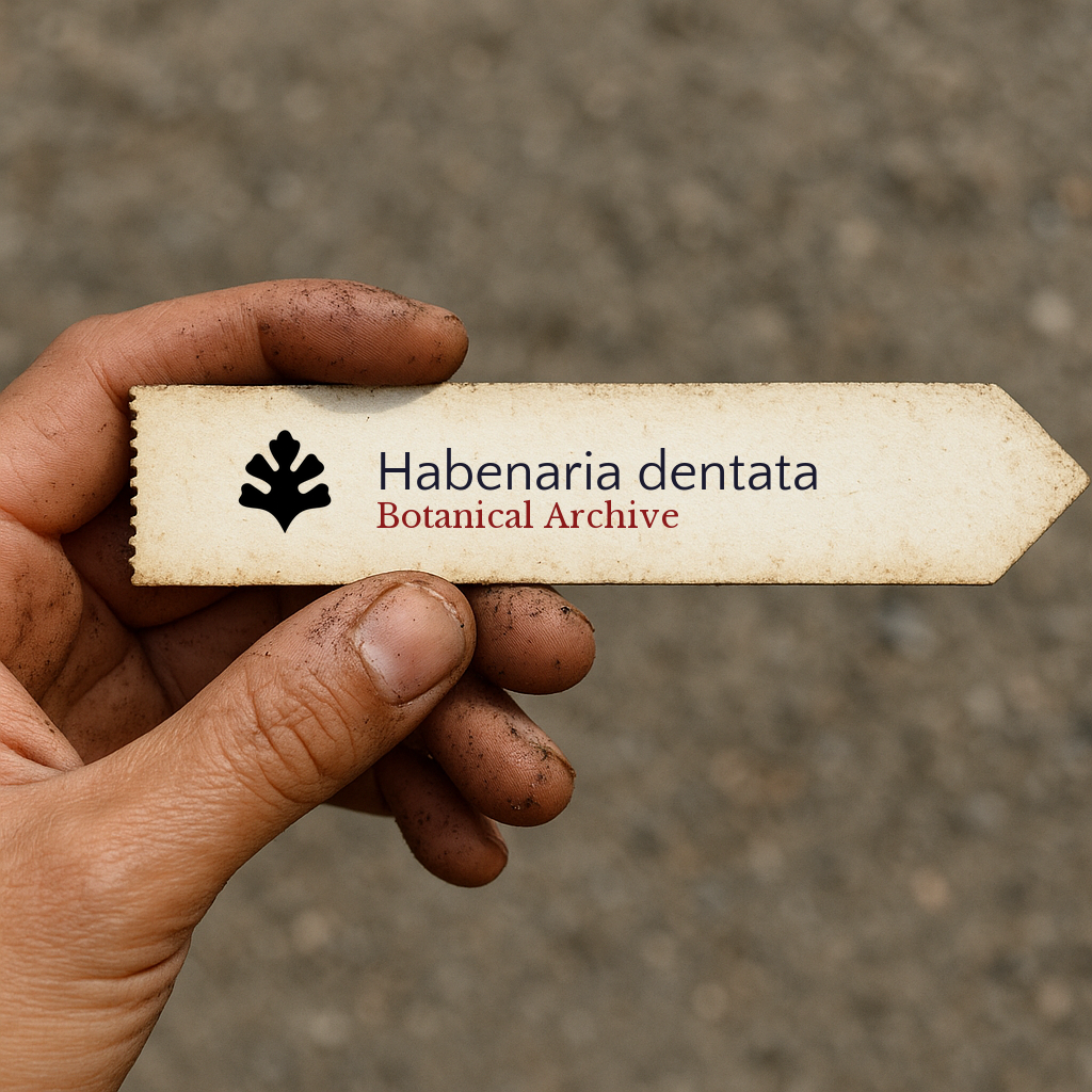 Printed plant label for Habenaria dentata held by dirty hand outdoors