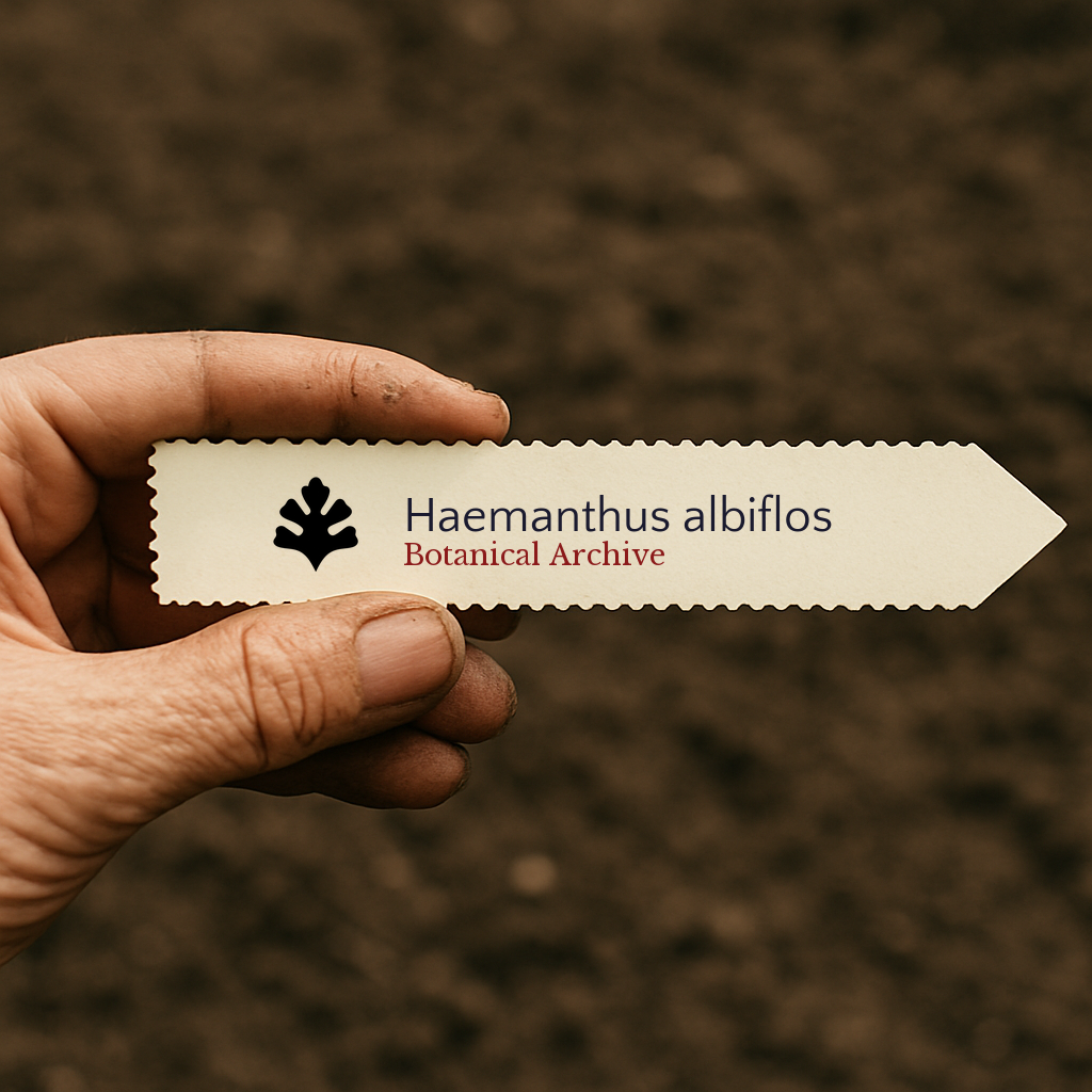 Etichetta stampata per pianta di Haemanthus albiflos tenuta contro lo sfondo del terreno