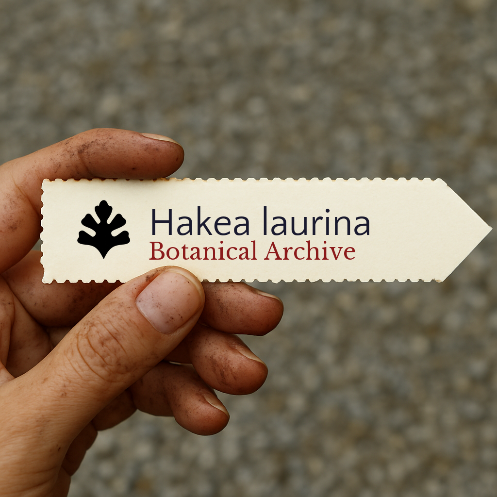 Etichetta stampata per pianta di Hakea laurina tenuta da una mano sporca con sfondo strutturato