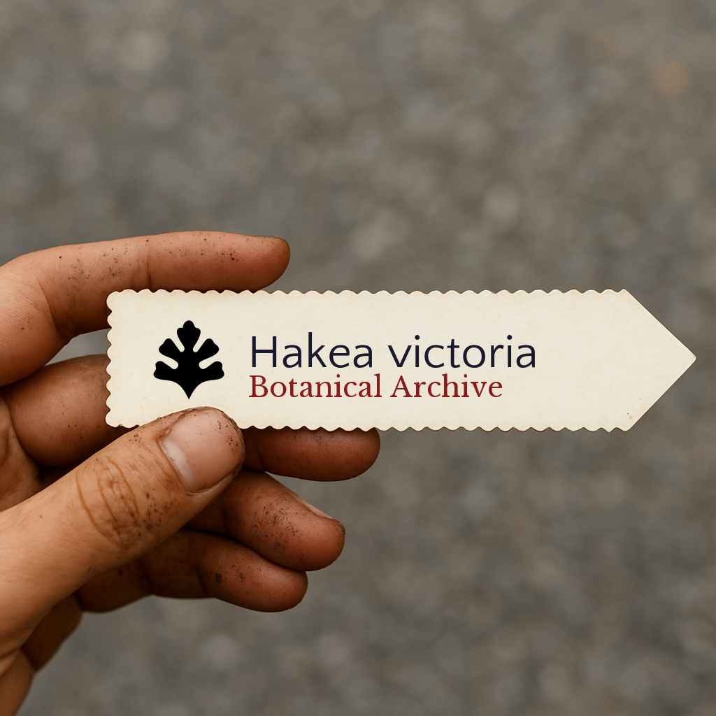 Printed plant label for Hakea victoria with botanical archive logo held by hand