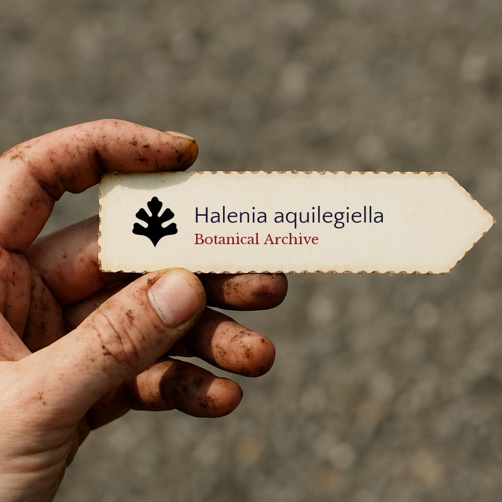 Etichetta stampata per pianta di Halenia aquilegiella tenuta da una mano sporca all'aperto