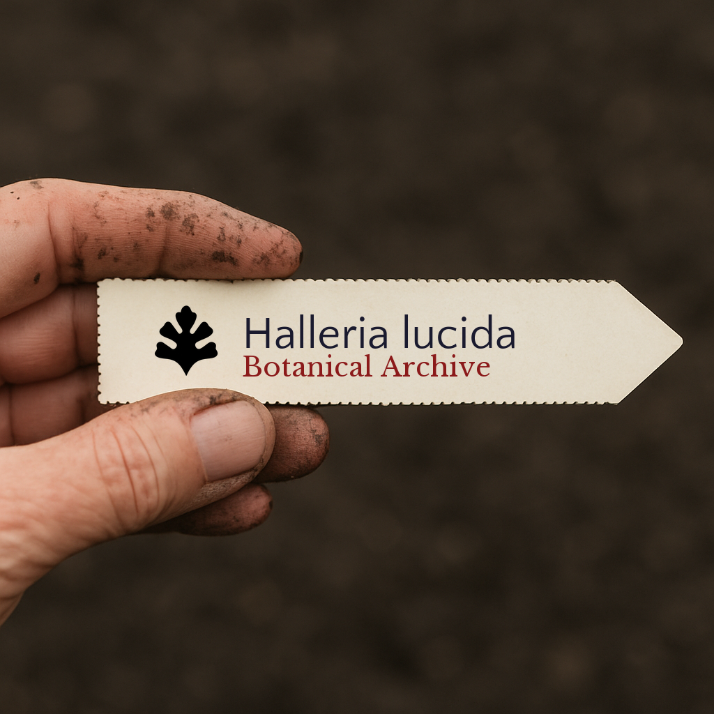Etichetta stampata per pianta di Halleria lucida tenuta da mano sporca su sfondo di terra